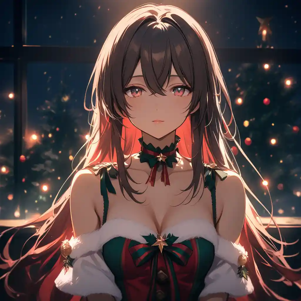 Anime girl in festive Christmas dress by glowing tree
