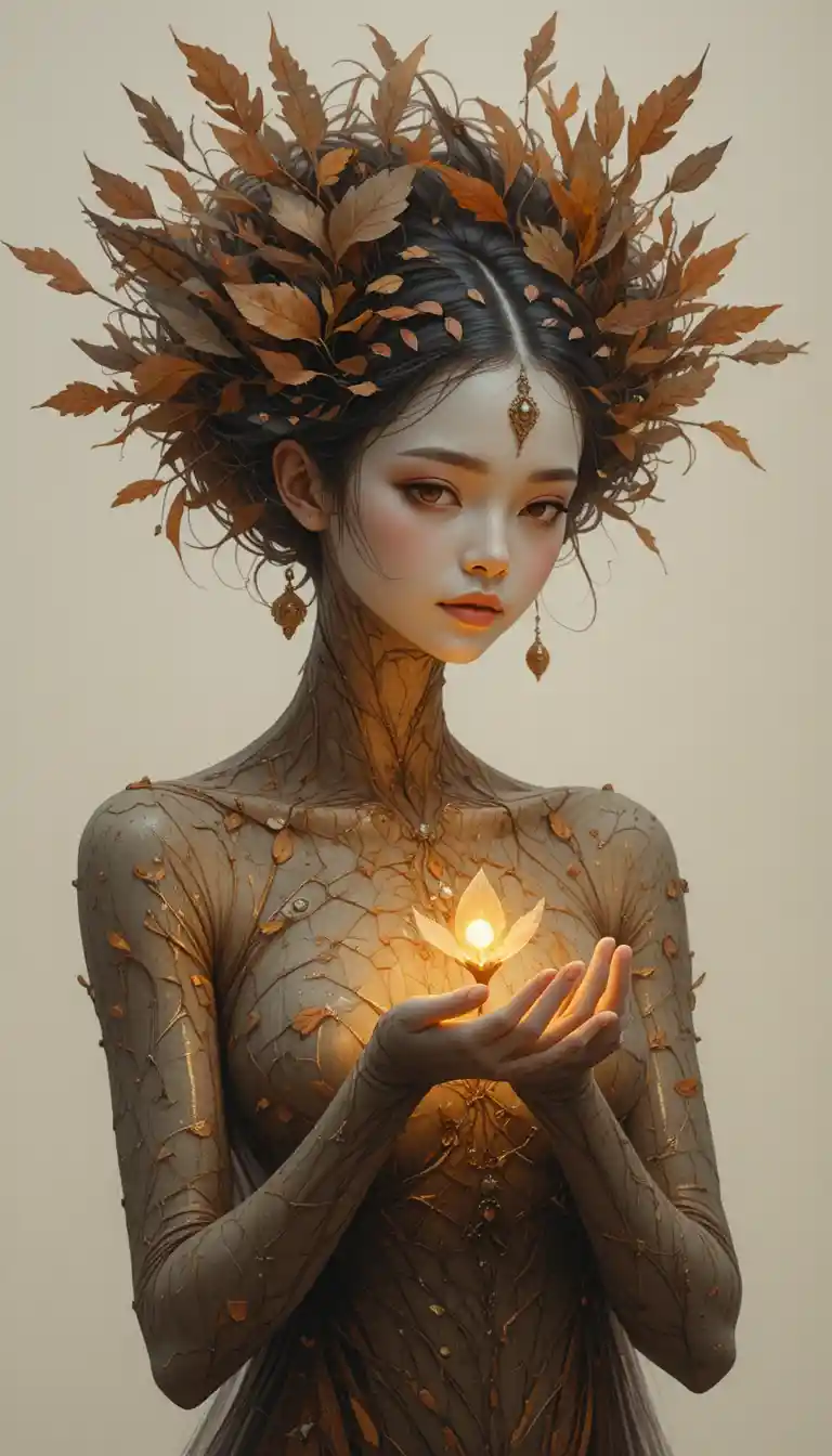 Forest spirit cradling a softly glowing luminous seed