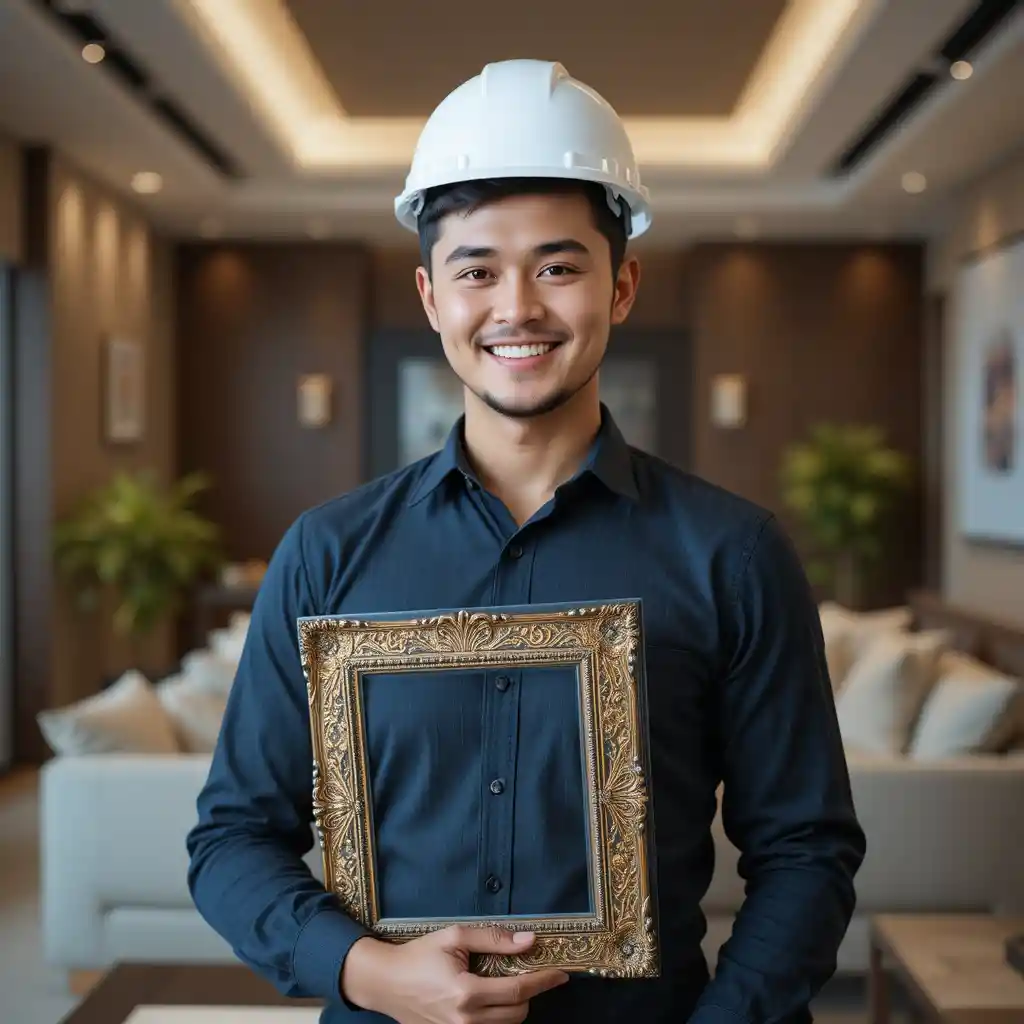 Smiling young engineer portrait in modern living room