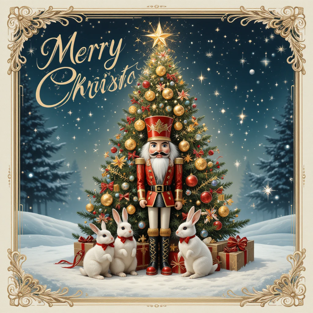 Cartolina natalizia festiva con albero di Natale, schiaccianoci e coniglietti