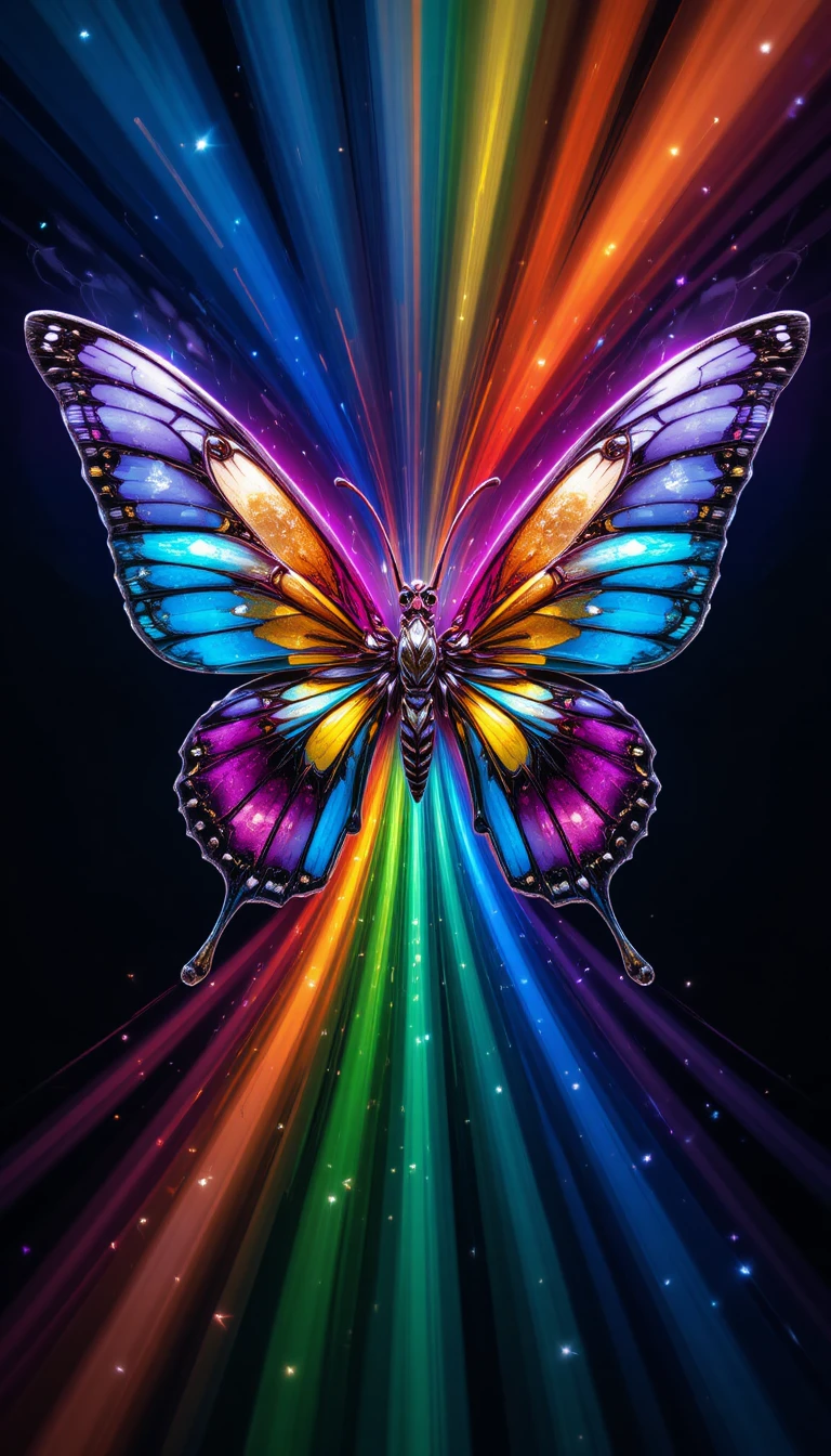 Futuristic mechanical butterfly with neon rainbow wings