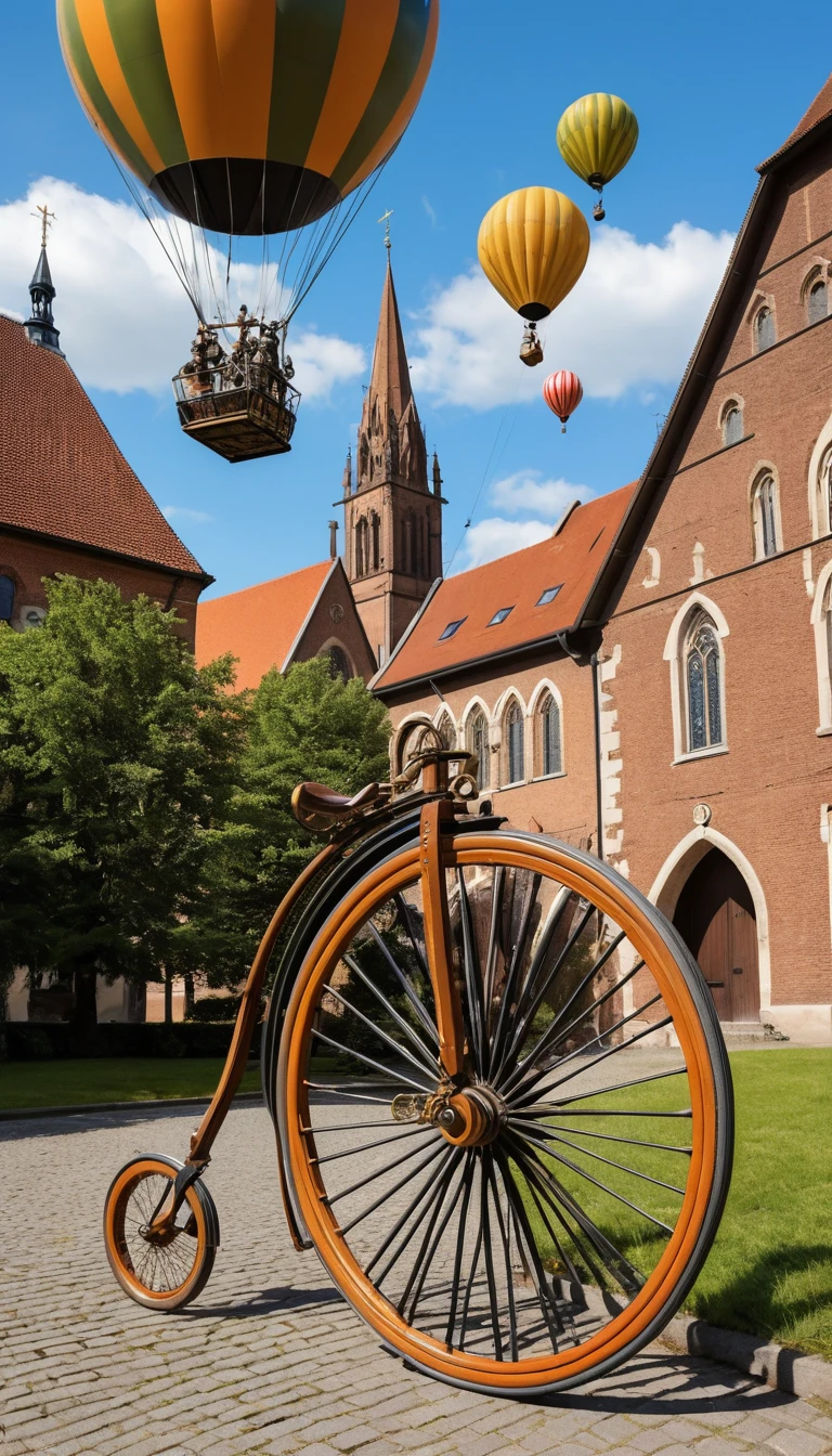 Surrealer Steampunk-Penny-Farthing, verschmolzen mit gotischer Kathedrale