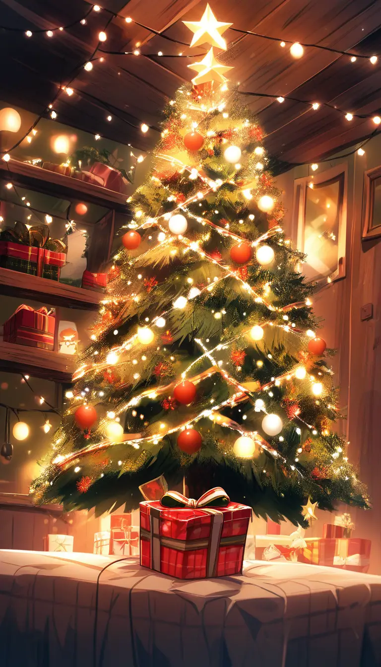 Anime girl wrapping christmas gifts in cozy room