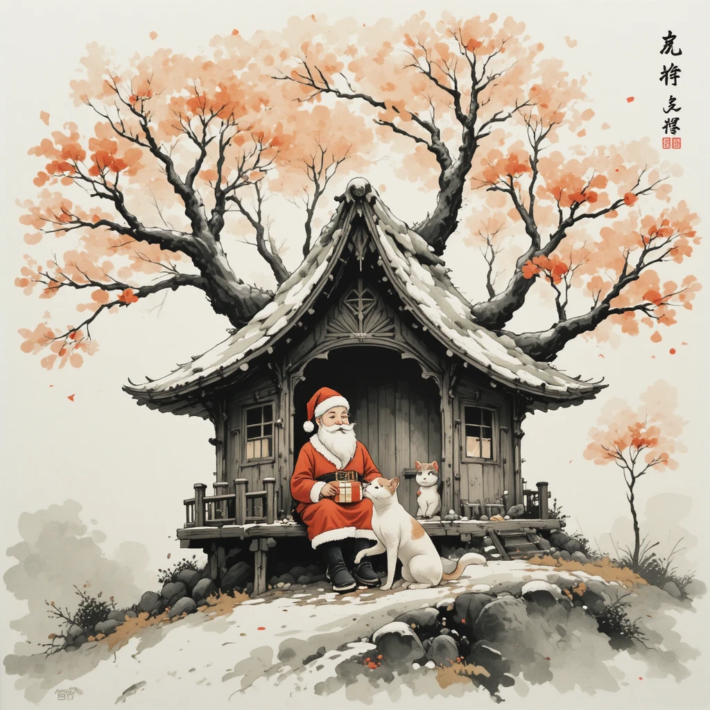 寧靜櫻花樹屋的近景水墨畫
