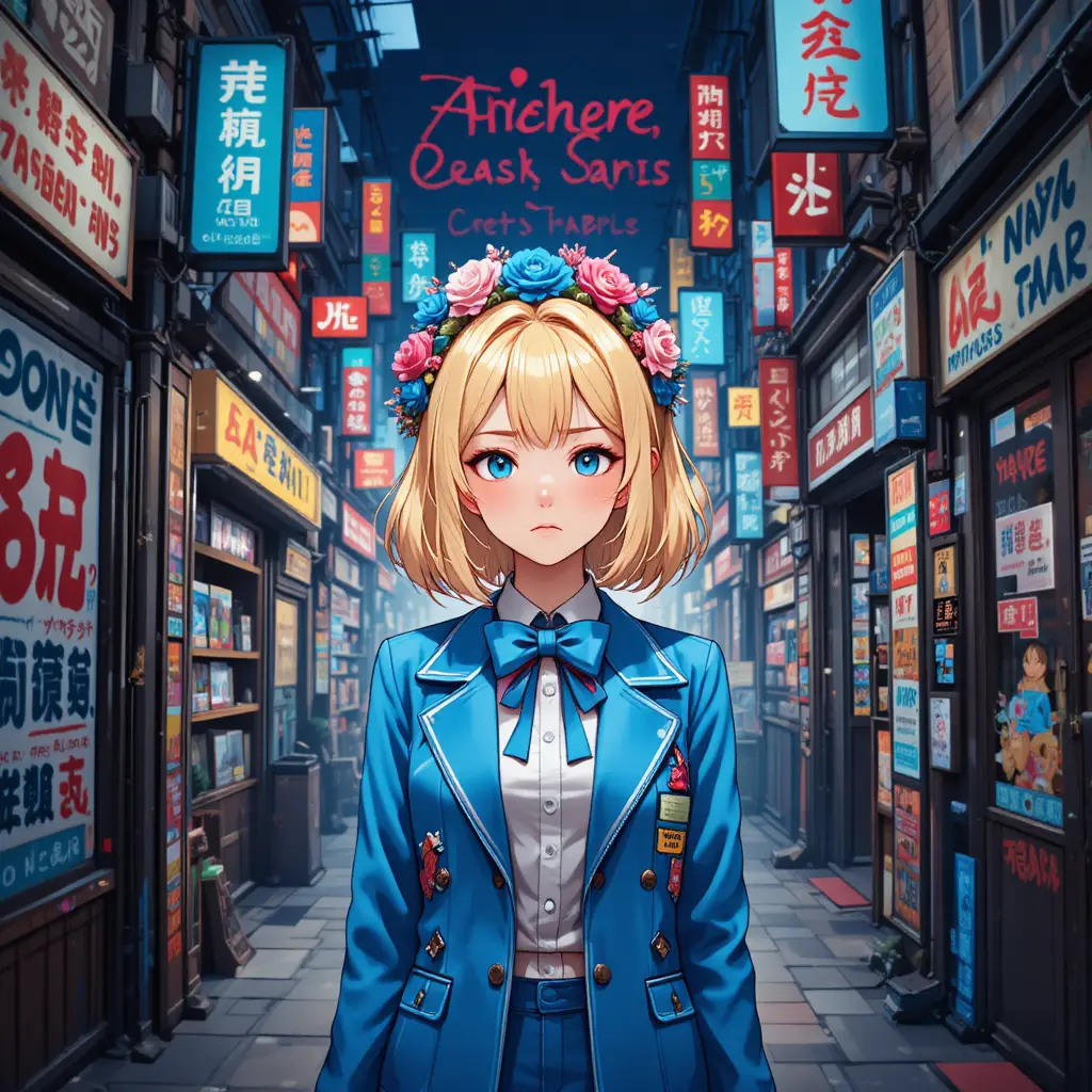 Anime-Mädchen in blauer Jacke vor urbaner Graffiti-Collage