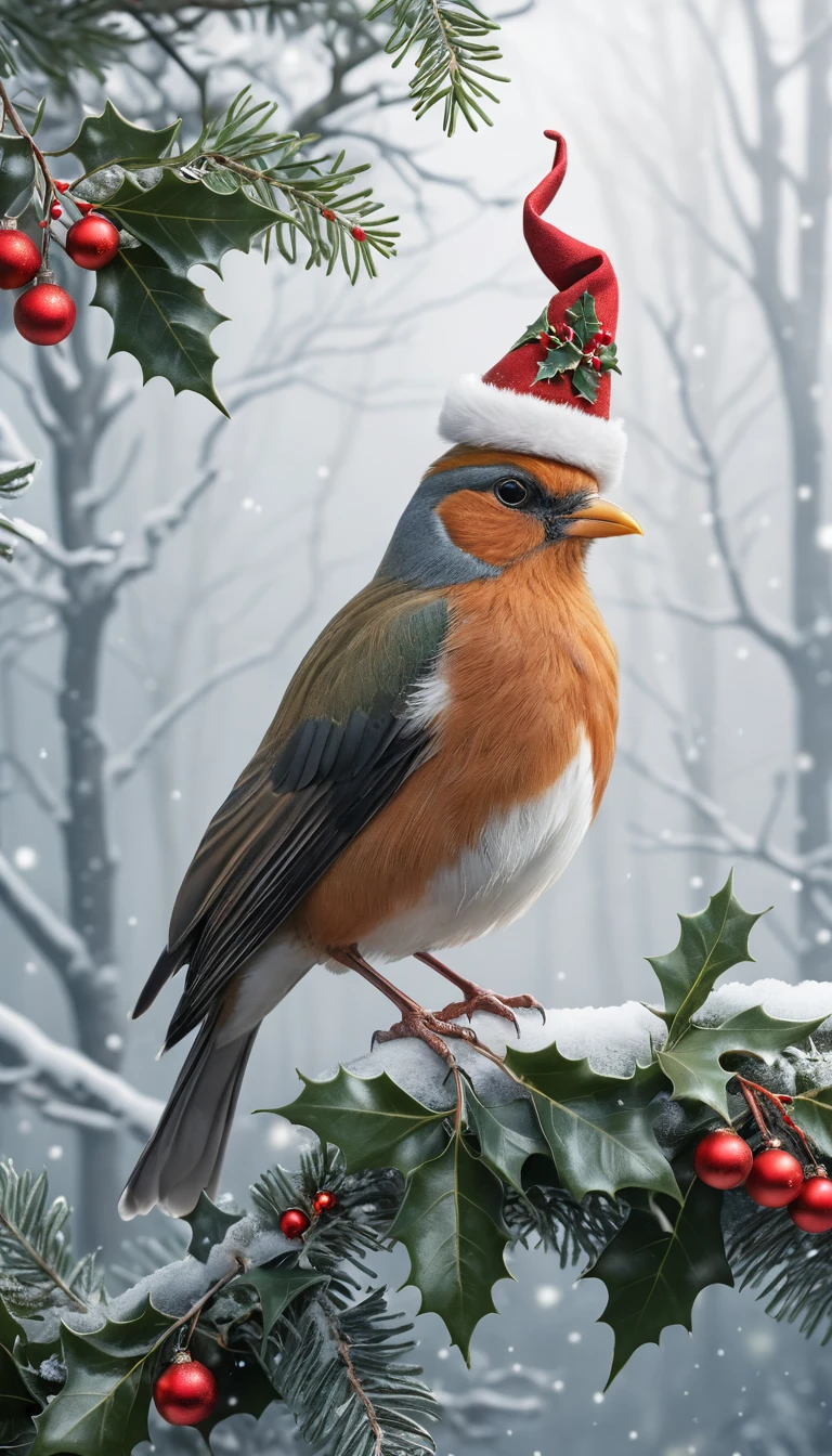 Pássaro de inverno régio com gorro de Natal de azevinho na neve