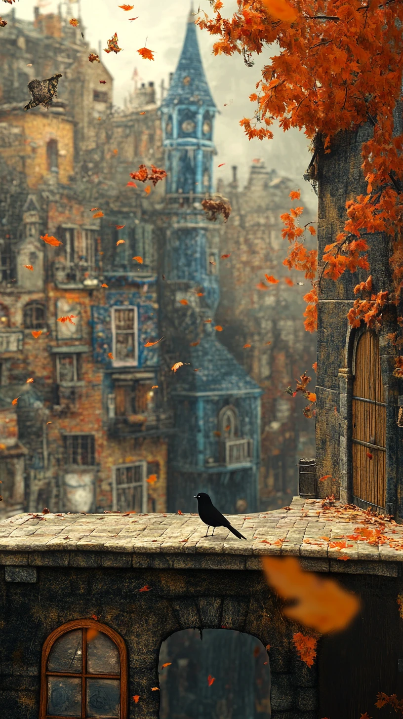 Colorful tapestry in a whimsical fantasy town square