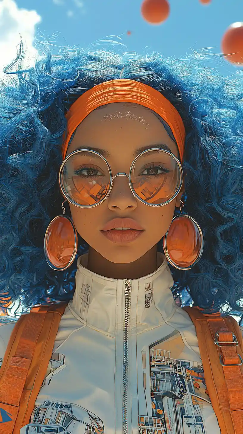Blue haired woman in a futuristic red and orange world