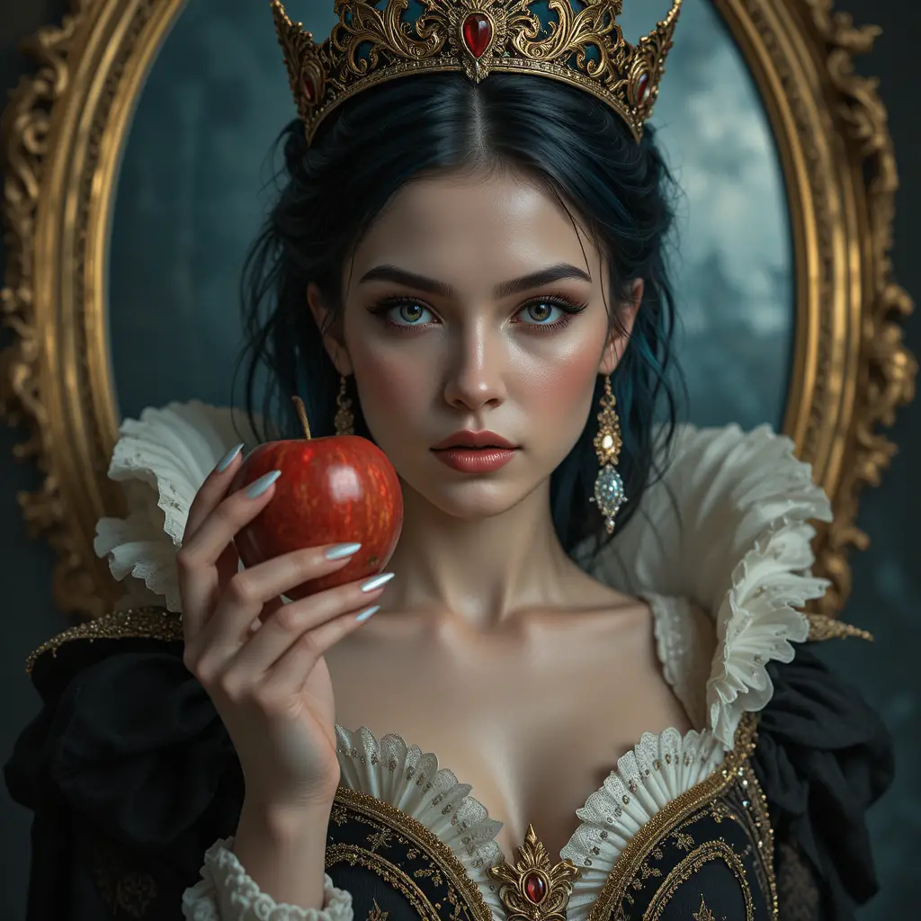 美麗女王在金色魔法鏡前手持蘋果