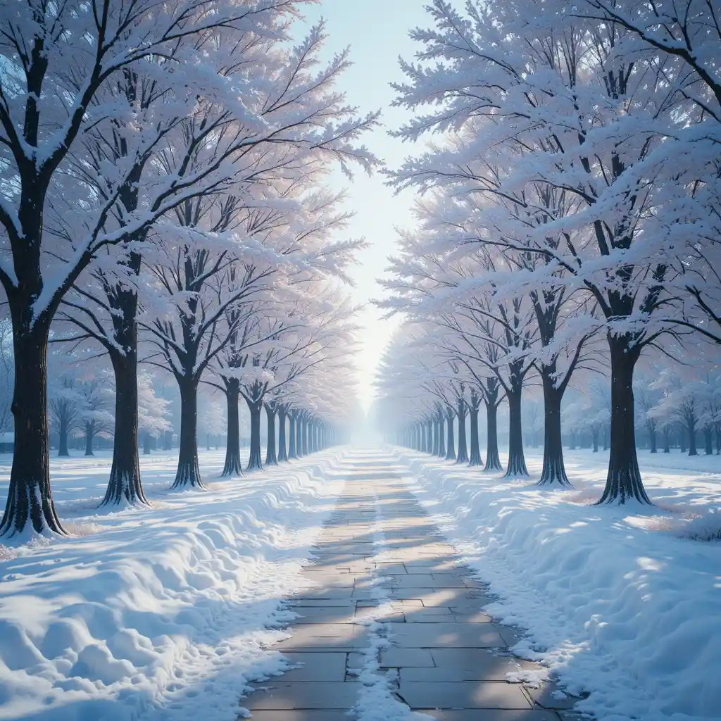 Wide Snowy Sidewalk Framed By Trees In Winter Silence