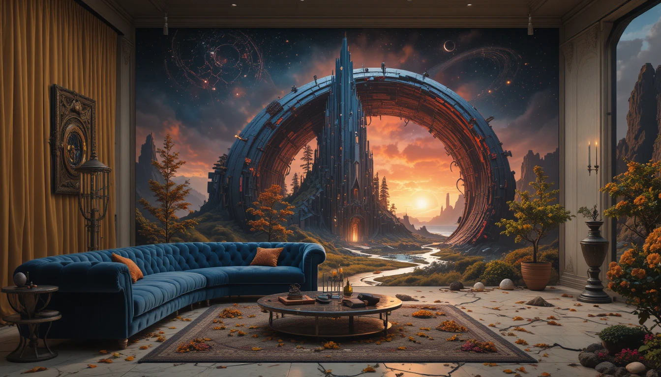 Sala de estar surreal com portal para uma floresta de verão