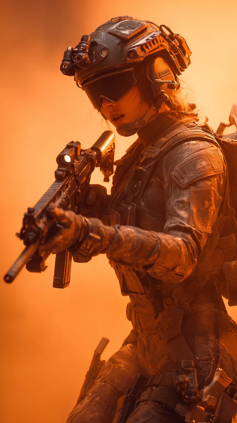 Héroïne de science-fiction armée visant avec son arme dans une bataille futuriste