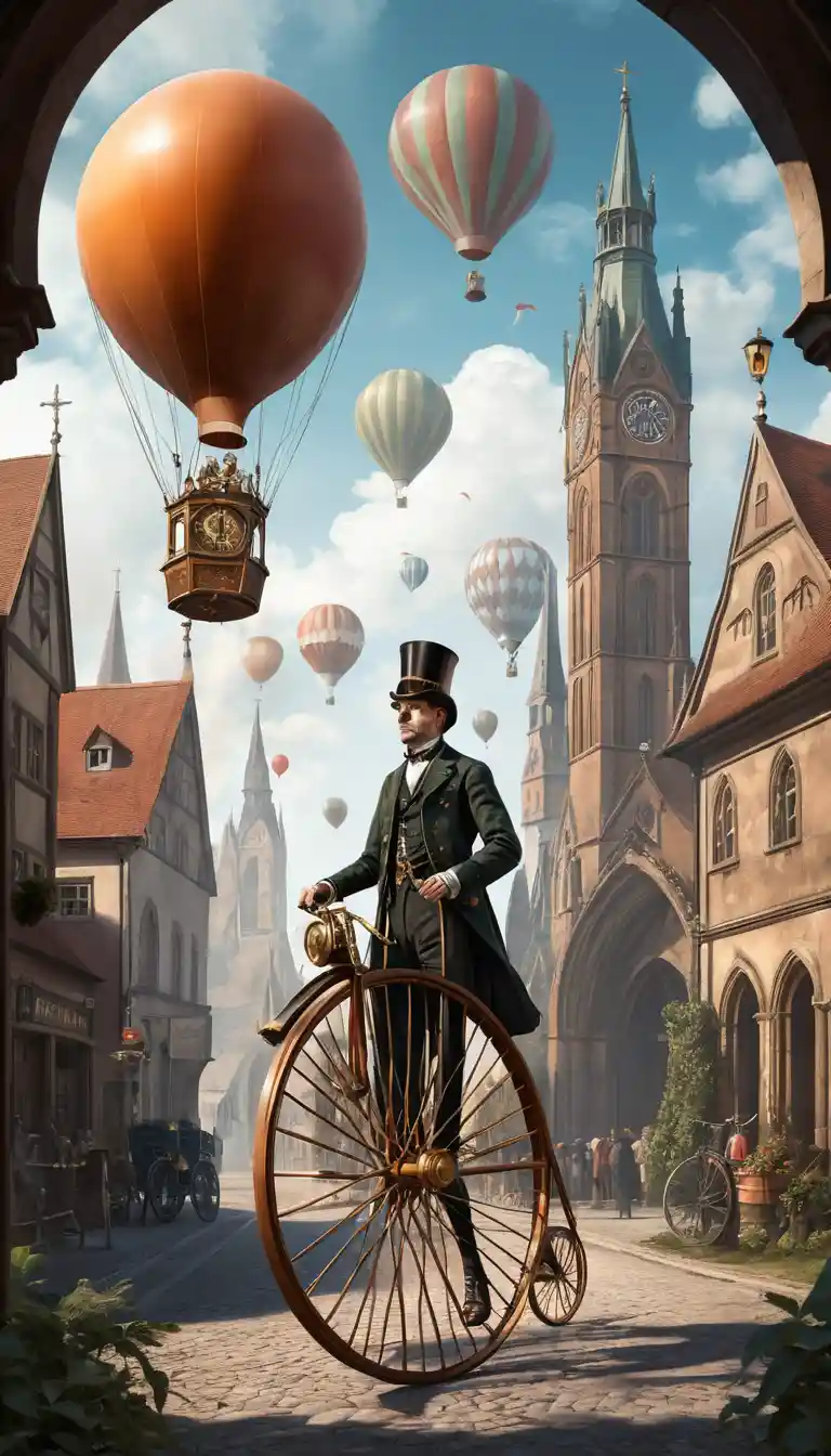 Bicicleta penny-farthing steampunk surreal fusionada con catedral gótica