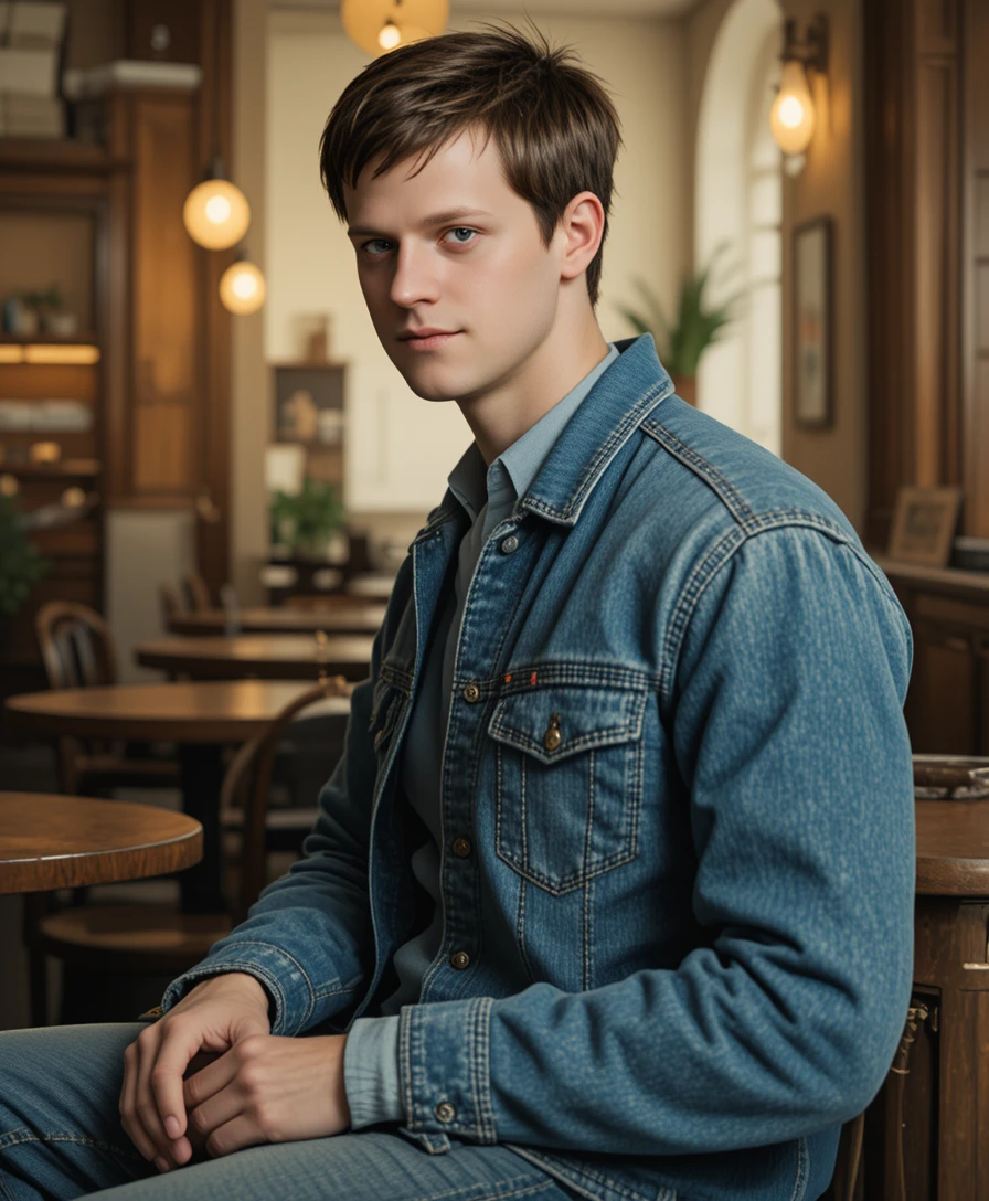 Mann in Denim sitzt in einer dramatischen Cafészene