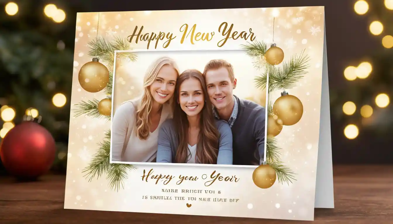 Personalized New Year card with glowing festive typography