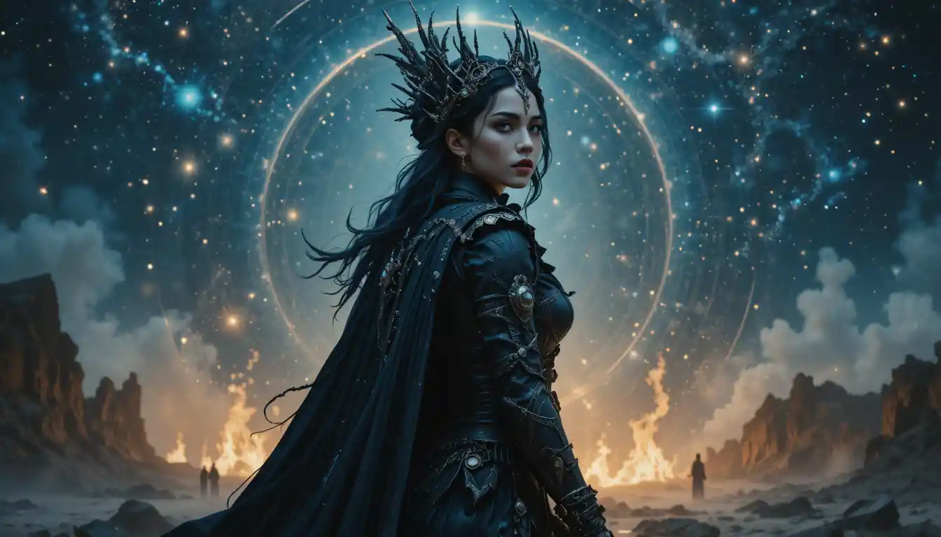 Gothic sci fi queen beneath a cosmic starlit sky