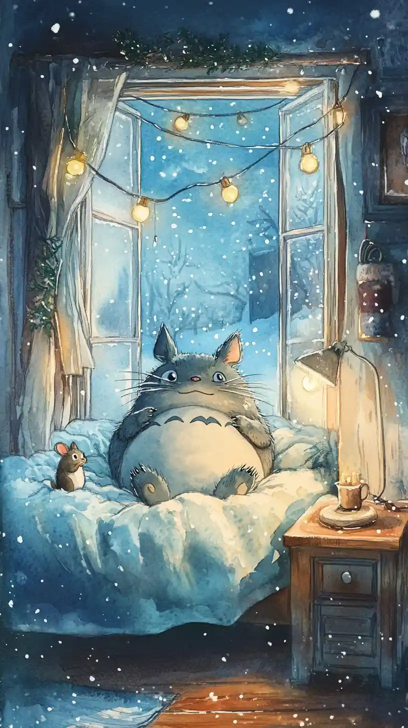 Watercolor fantasy creature resting in a cozy bedroom