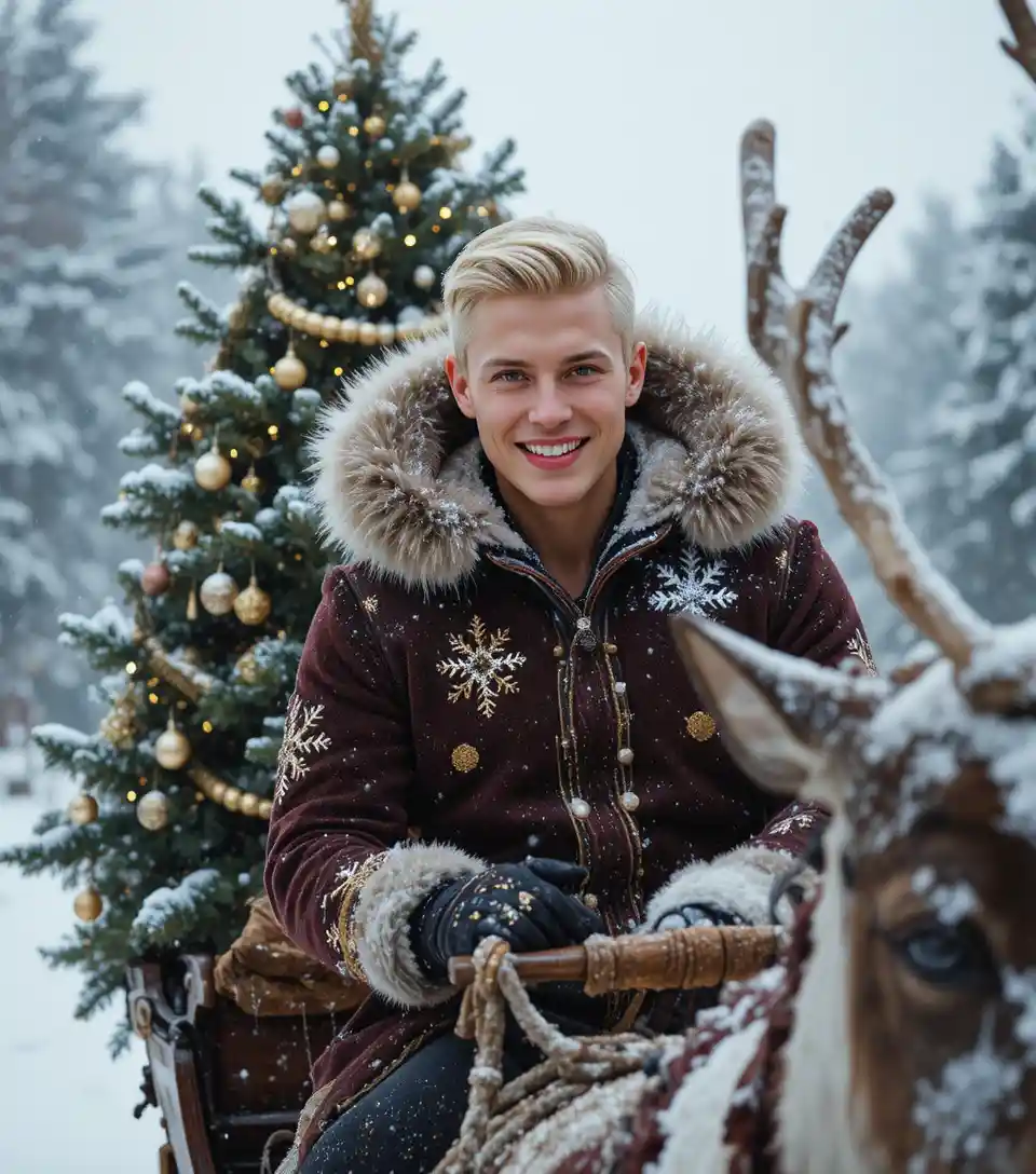 Young man in fur hood riding reindeer sleigh
