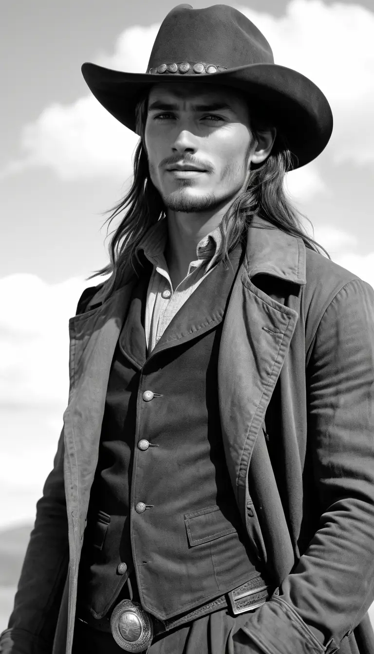 Charming cowboy portrait of a young man in a trenchcoat