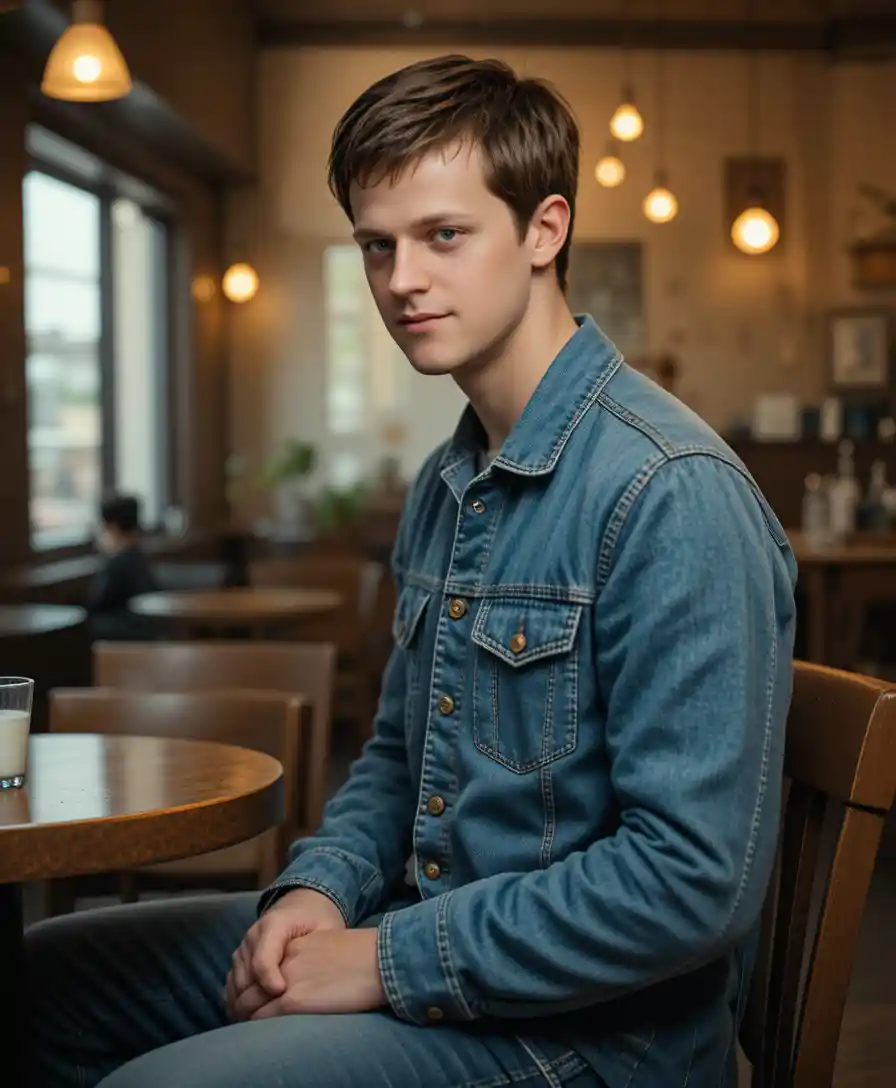 Man in denim jacket in a dramatic coffee shop scene