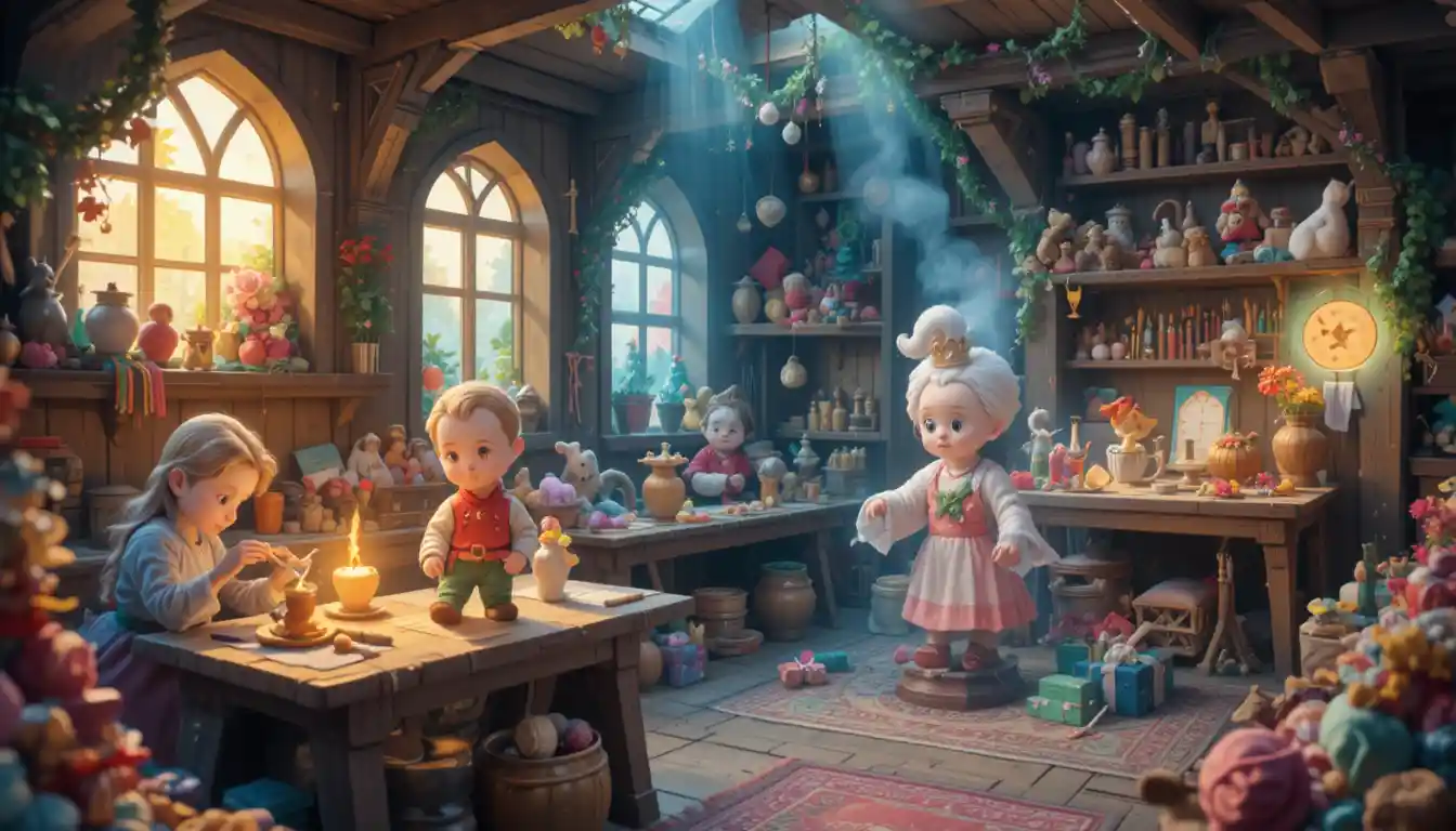 Magical toy workshop glowing warmly before Christmas night