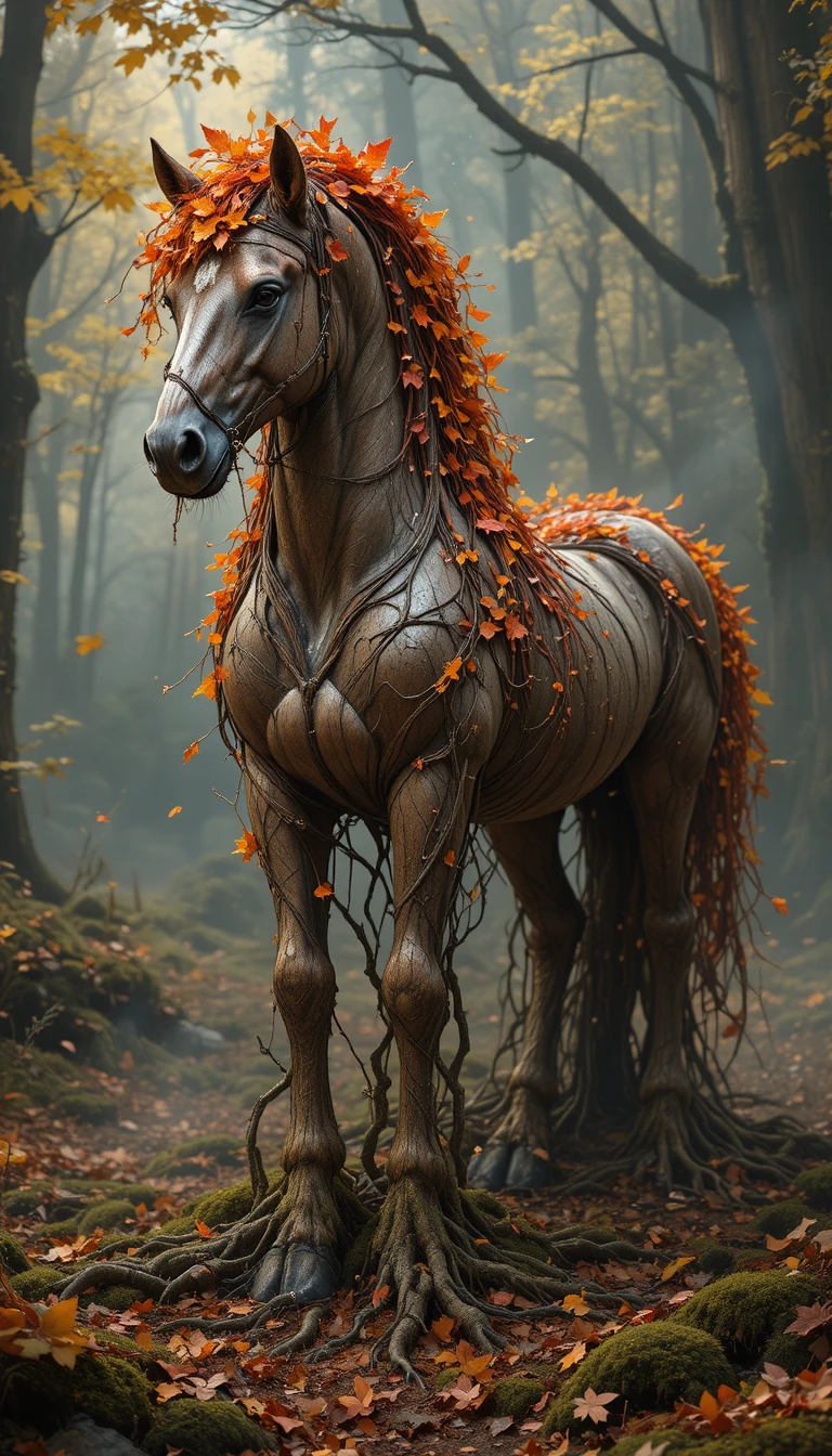 Cavalo místico da floresta fundindo-se com a terra e as raízes do outono