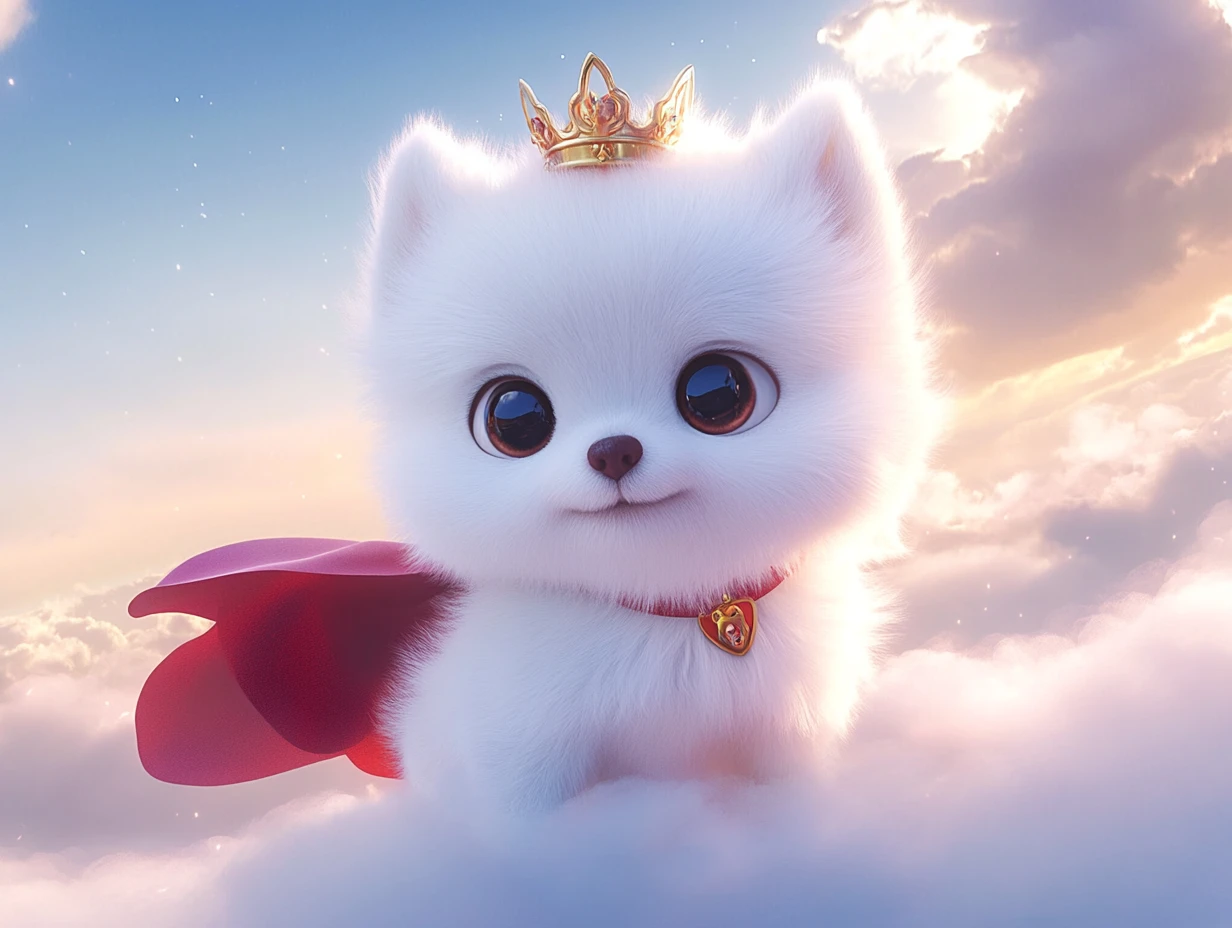 Adorável filhote de Lulu da Pomerânia branco super-herói em uma nuvem fofinha
