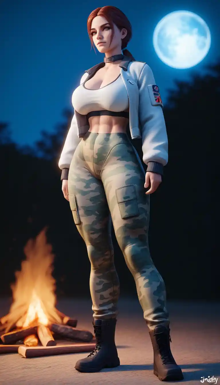 Moonlit huntress archer standing by a glowing campfire