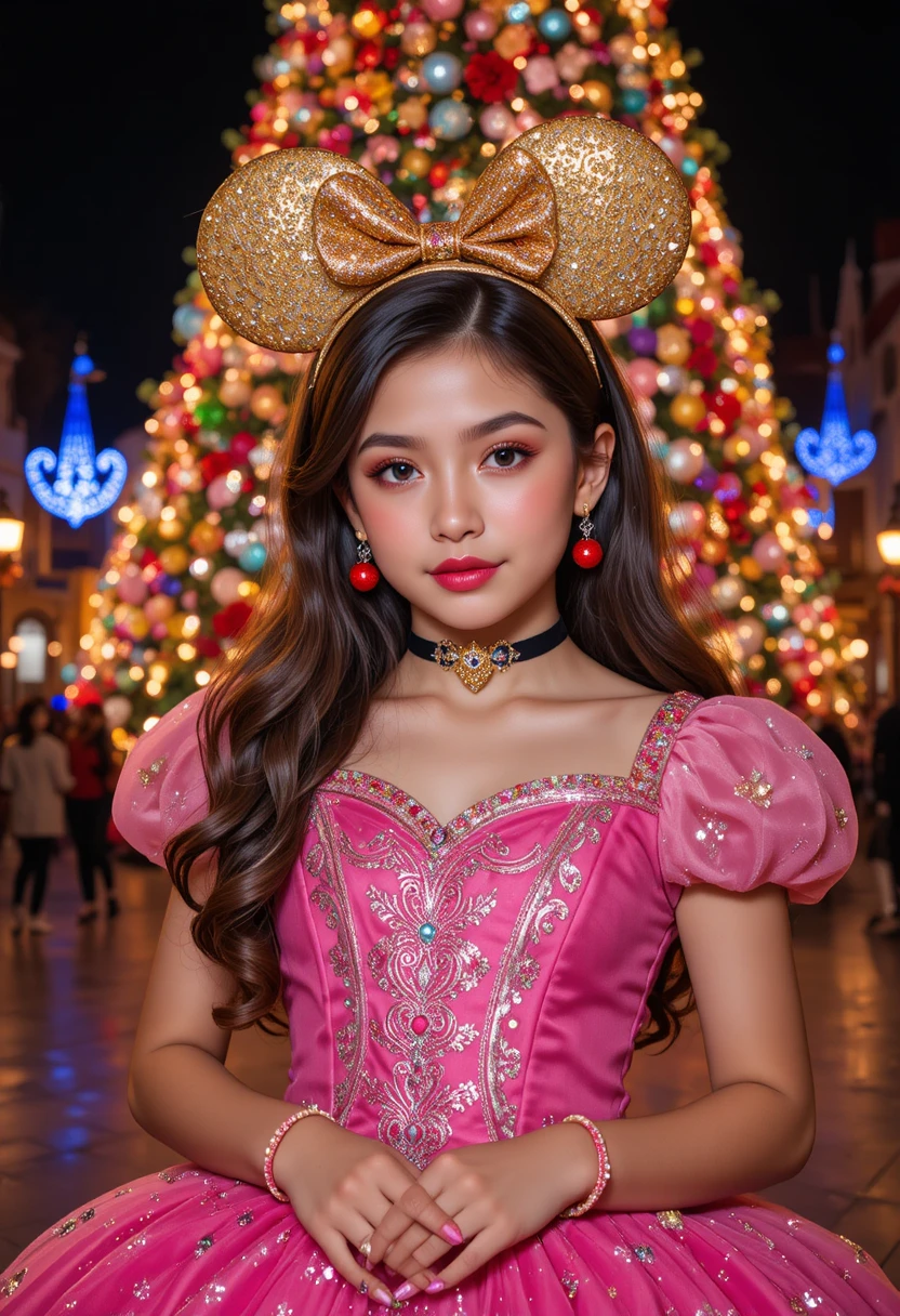 Tween boy dressed as girl before Disneyland Christmas tree