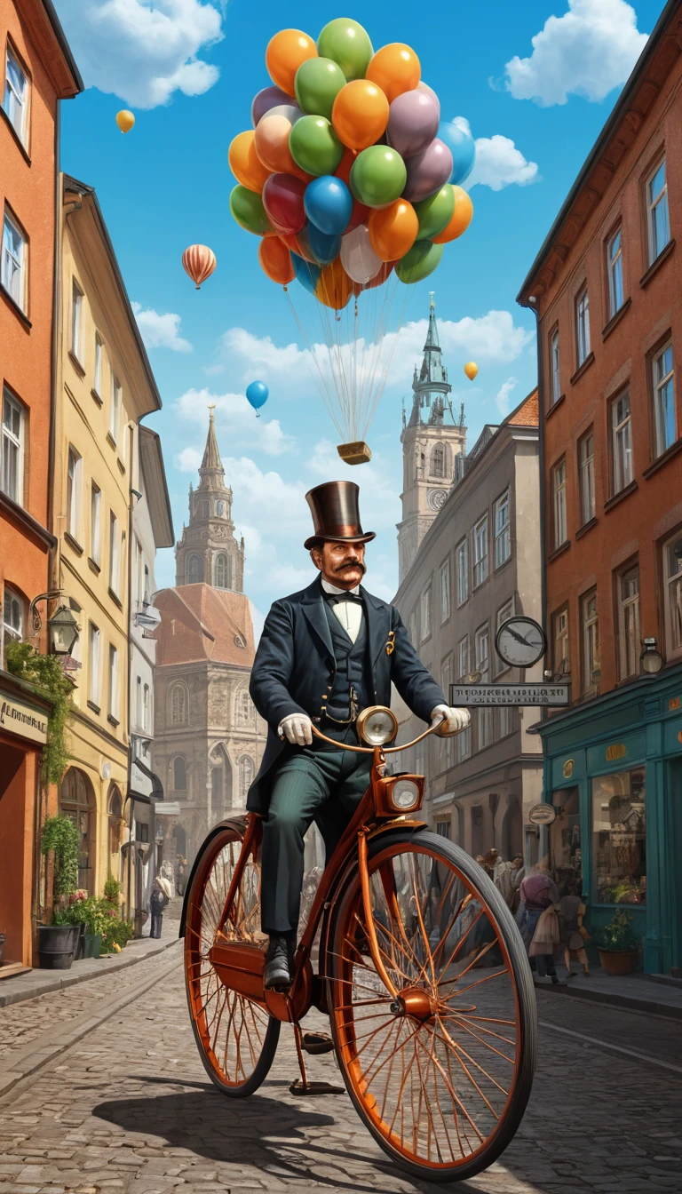 Penny-farthing steampunk surreal fundido com catedral gótica