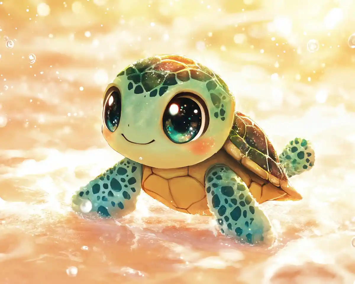 Adorable bébé tortue de mer chibi aux yeux réalistes et pleins d’âme