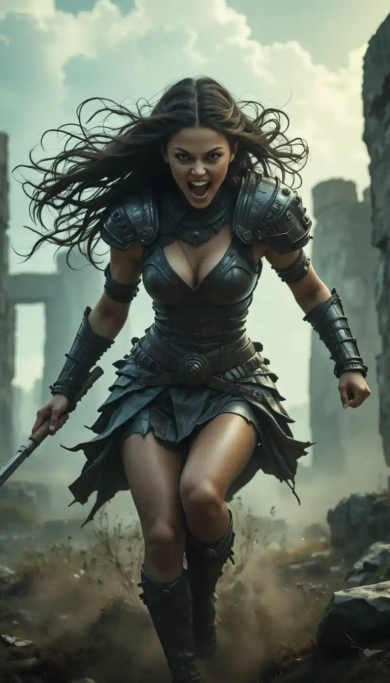 Fierce female warrior charging through ancient stone ruins