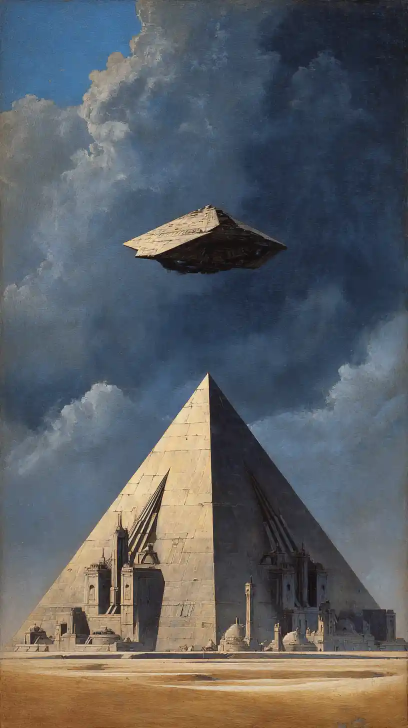 Massive brutalist pyramid towering over a lone spaceship