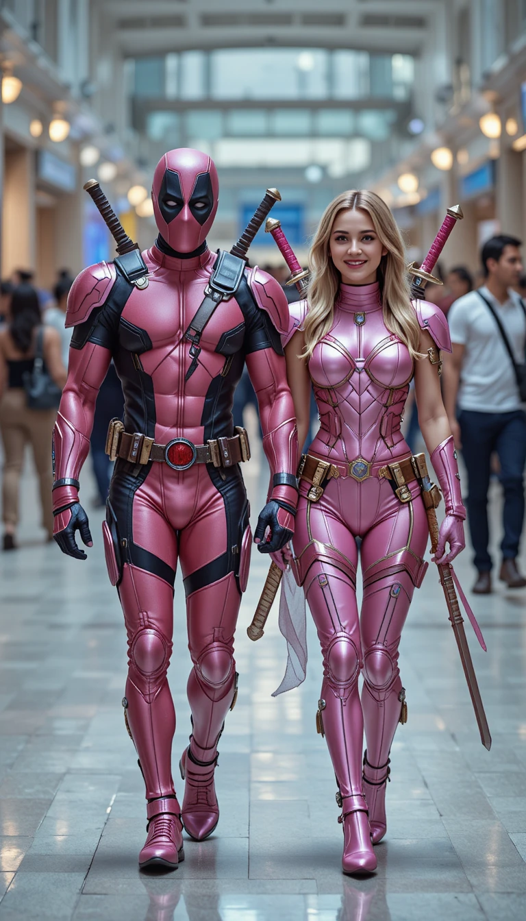 ピンクの近未来アーマーをまとったコスプレデュオが歩く姿