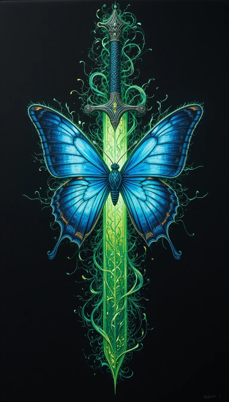 Espada de borboleta azul em fundo preto com fumaça subindo
