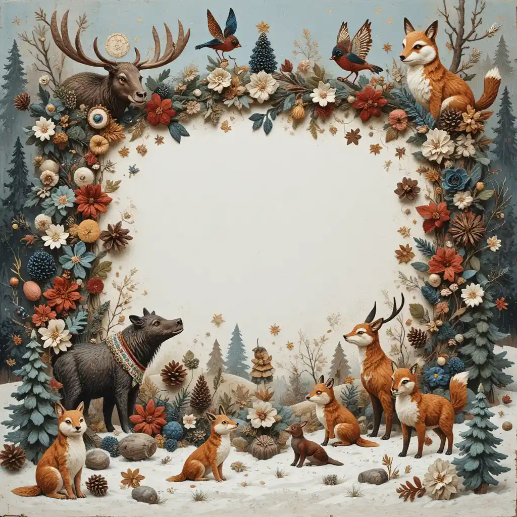 Festive forest animals around a patchwork New Year frame