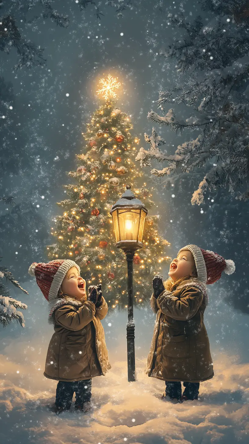Enfants chantant près d’un sapin de Noël lumineux en hiver