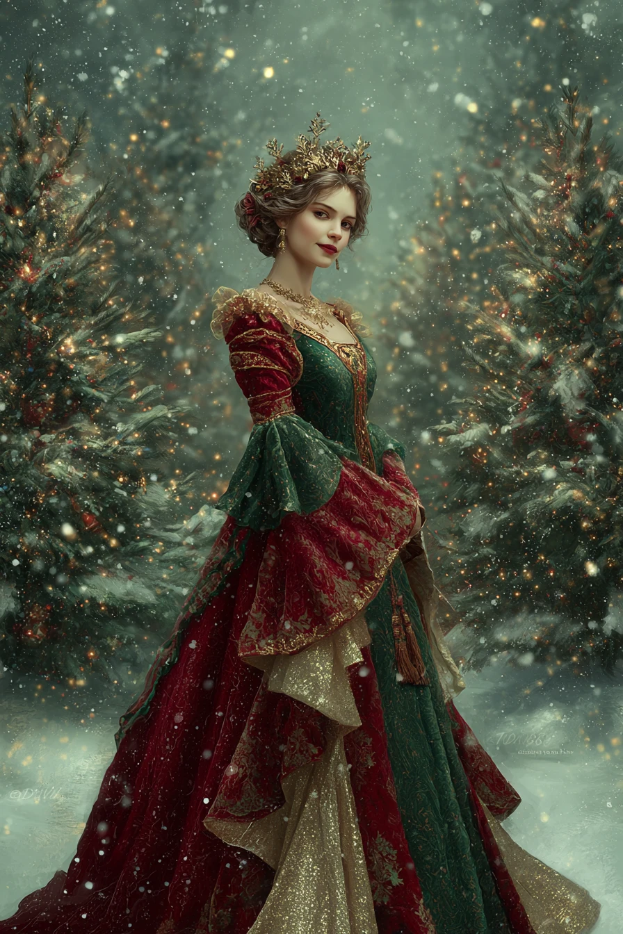 Elegant lady in red gown in snowy Christmas forest