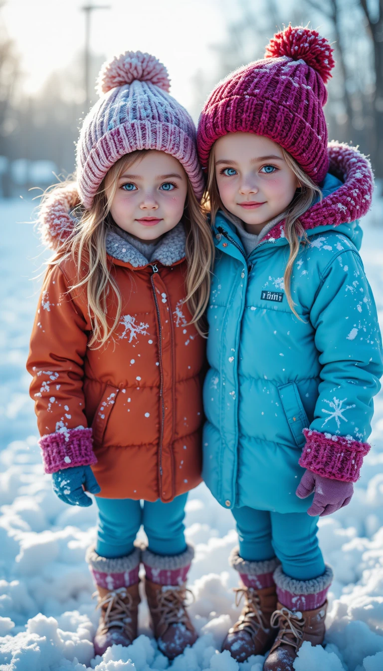 Jovens meninas tremendo juntas em uma paisagem de inverno nevada