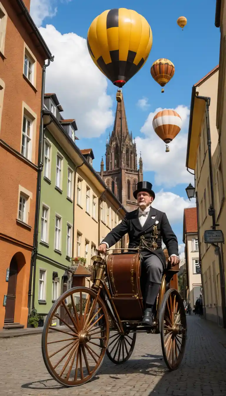 Penny-farthing steampunk surreale con struttura di cattedrale gotica