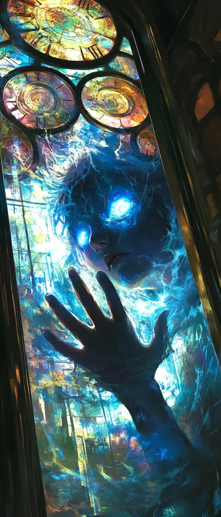 Childlike smoke hand behind cracked stained glass window