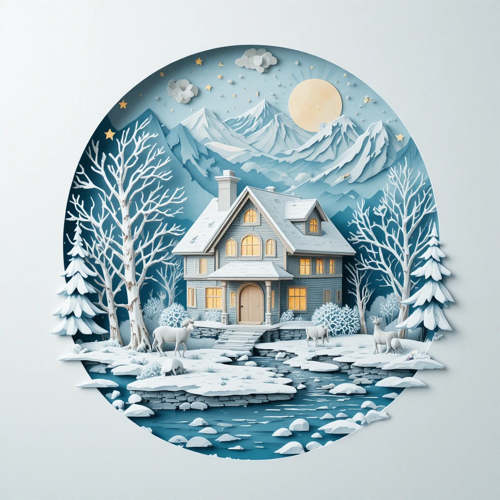Cozy winter cabin by a lake in layered papercut scene