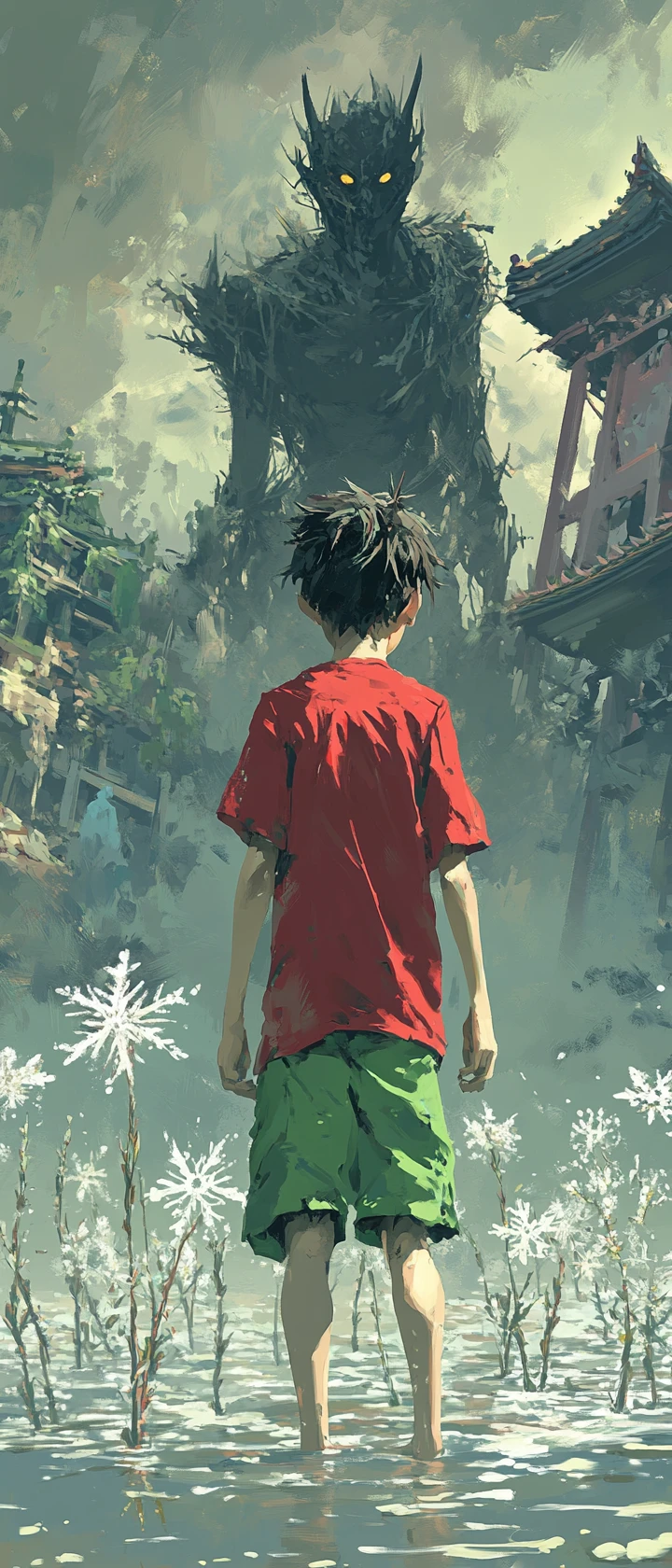 Anime boy in thorn field under looming pagoda watcher