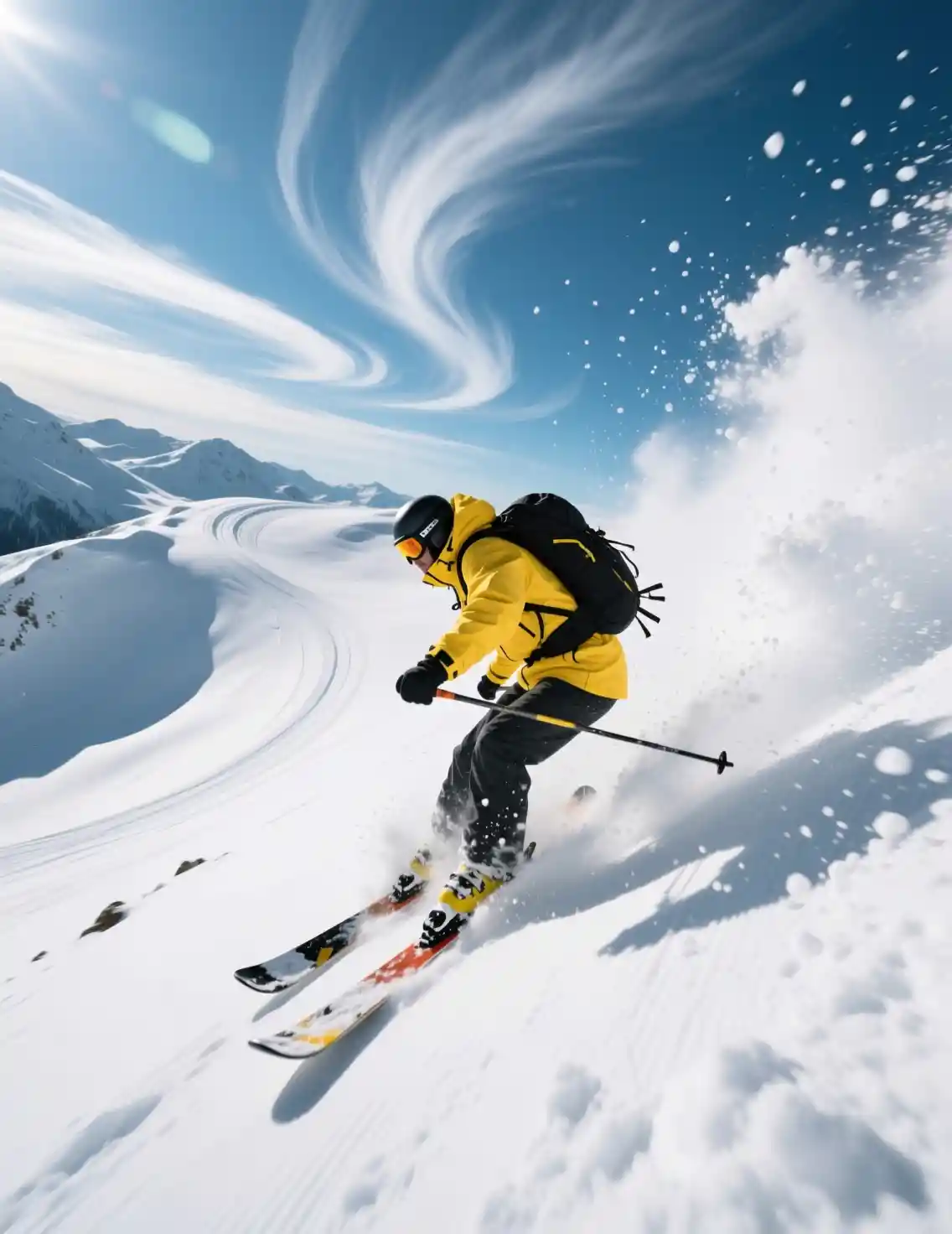 First person skier carving fast down open snowy mountain