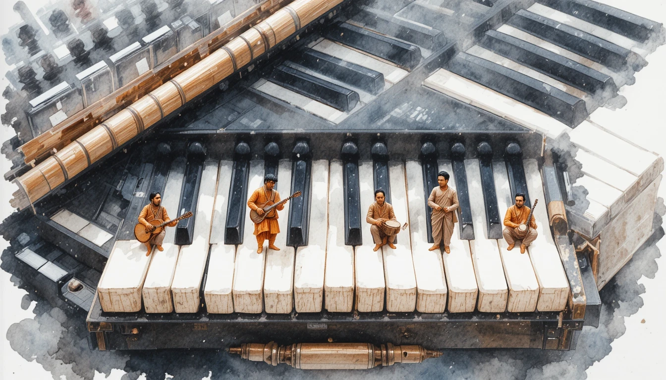 Aquarela em close das teclas de harmônio com minúsculos músicos