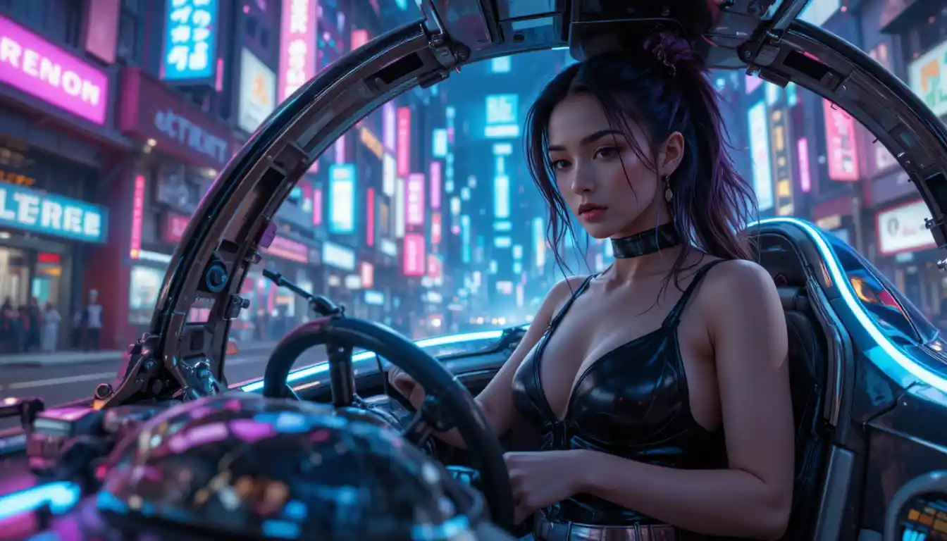 ネオンきらめくサイバーパンク都市で未来的なホバークラフトを操縦する女性