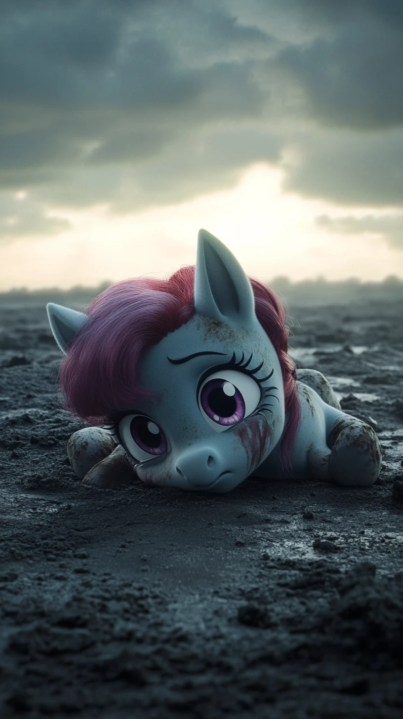 Garota pônei de anime traumatizada deitada em um deserto desolado