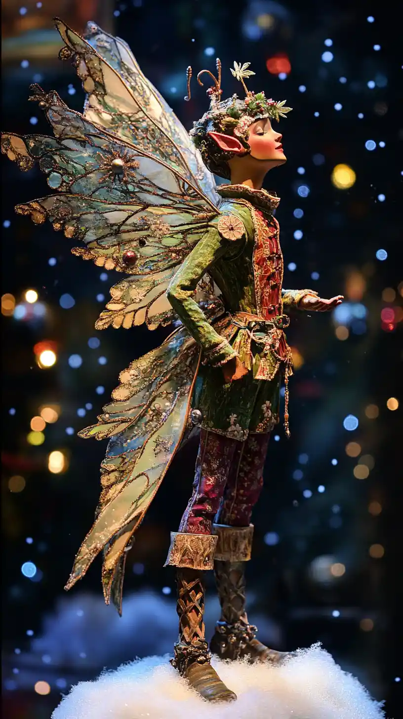 Victorian Christmas elf under blacklight in falling snow