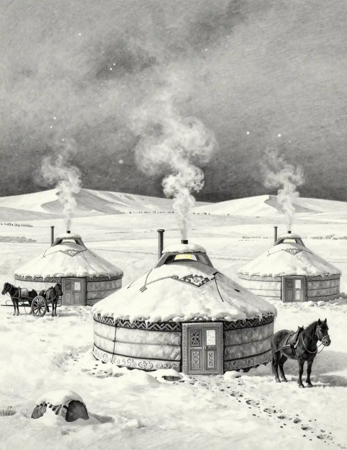 Yurte mongole in una tranquilla steppa invernale innevata