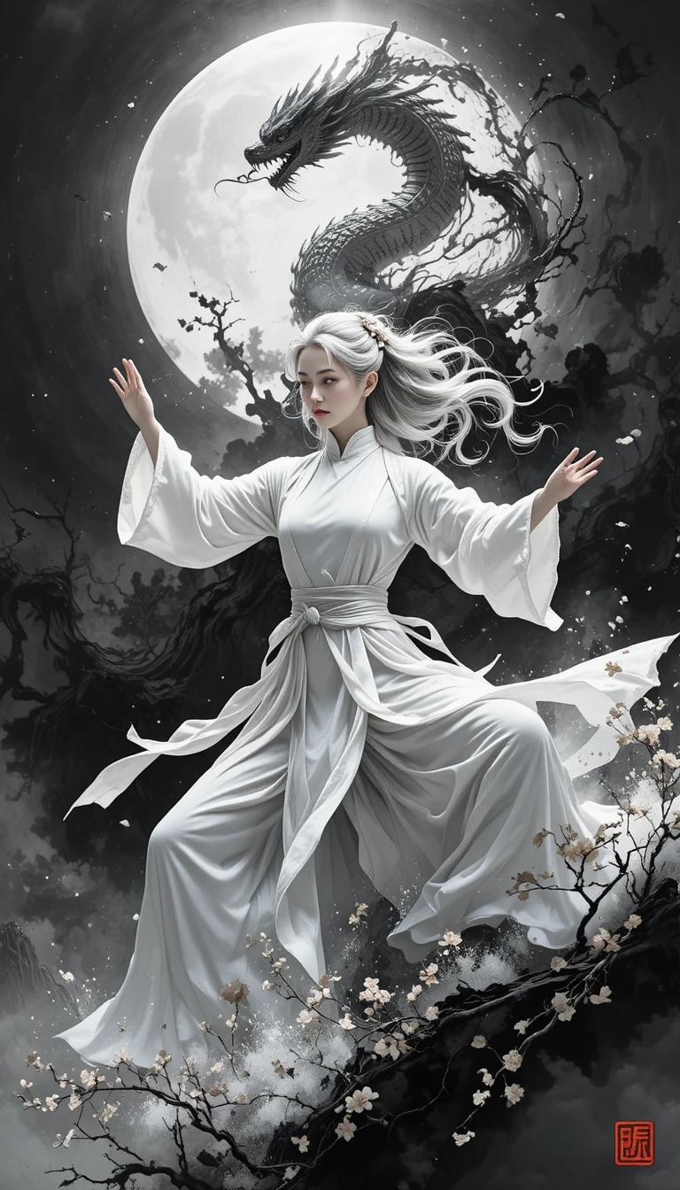 Silver haired woman in tai chi pose with swirling ink